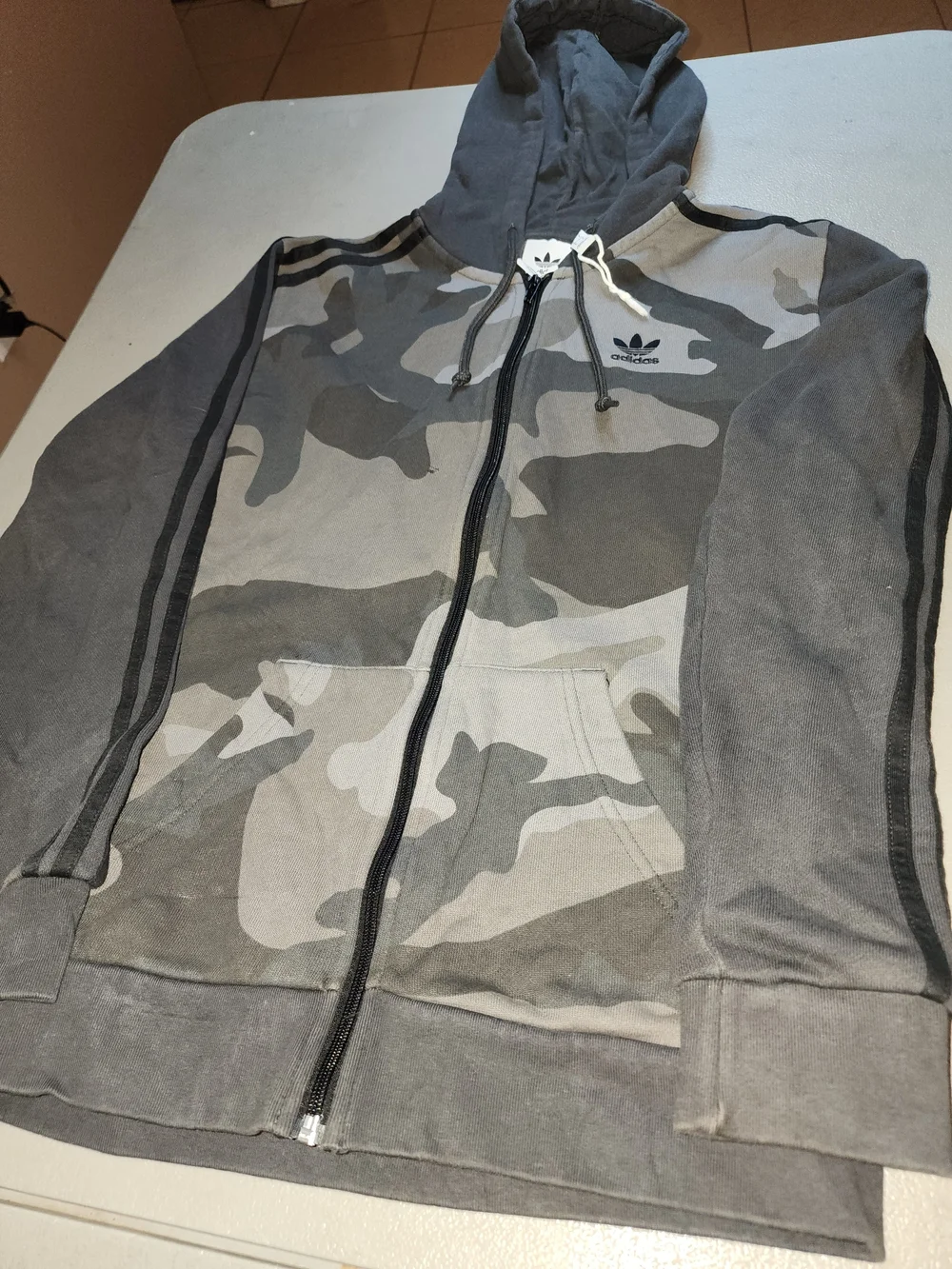 adidas Gray Camo Zip-Up Hoodie with Trefoil Tag